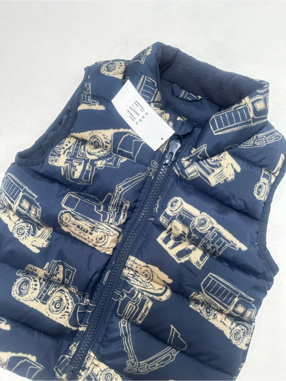 GAP Navy Puffer Vest with Tan Construction Print NWT 12-18 mo